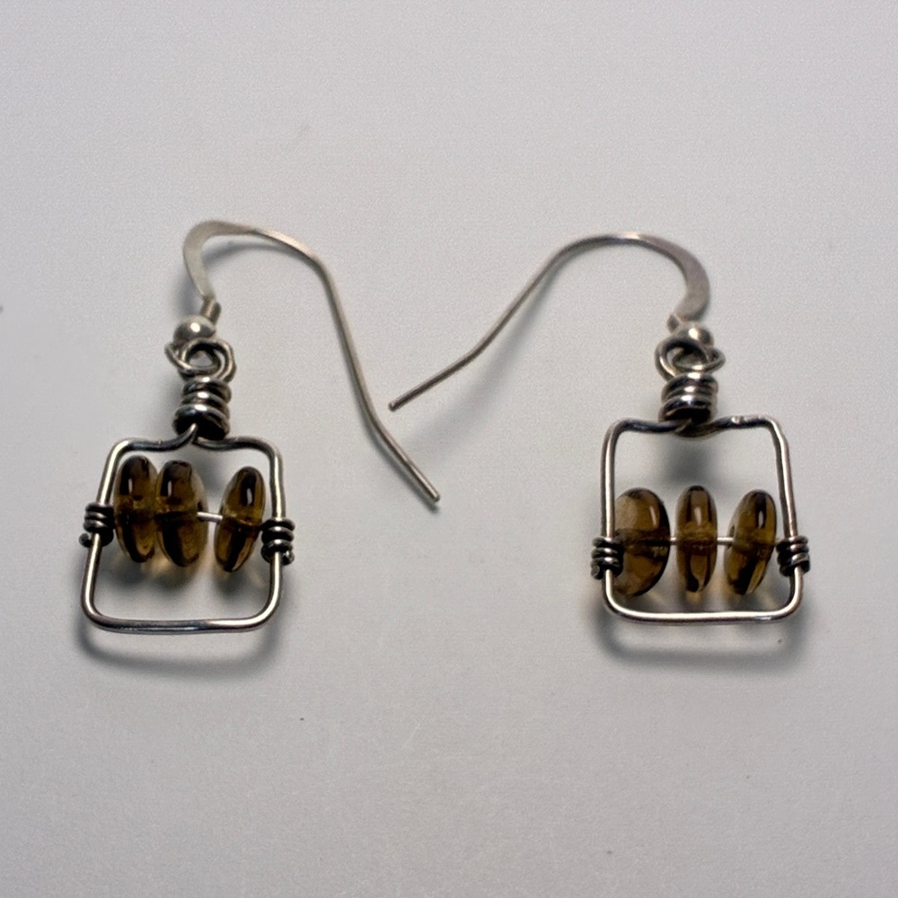 Sterling Silver Wire Amber Glass Bead Dangle Earrings